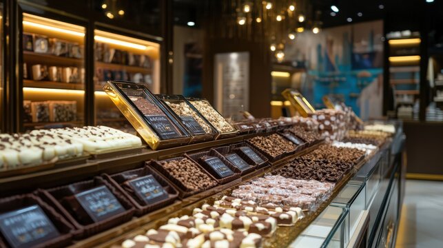 An inviting luxury chocolate shop's interior is beautifully displayed, with a rich assortment of chocolate treats arranged on elegant shelves, offering a delightful experience.