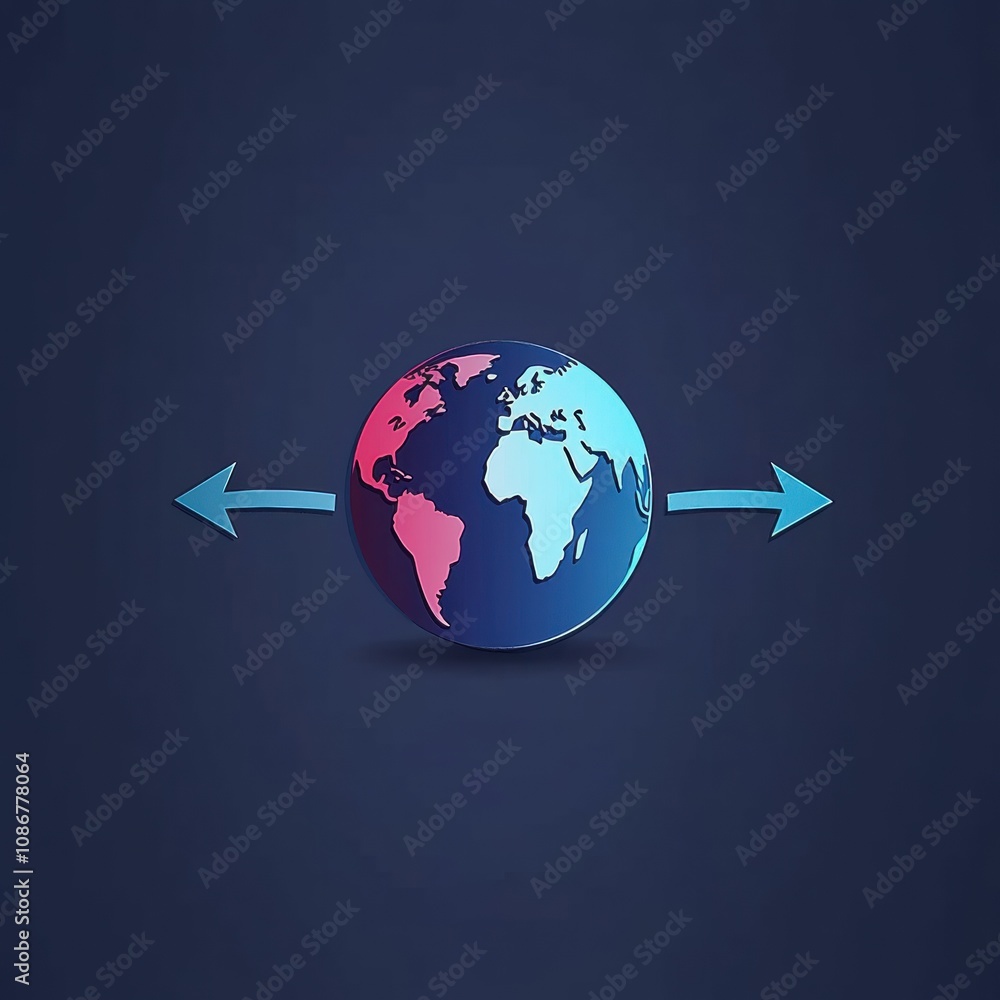 Poster colorful globe representing global connectivity and exchange, with arrows indicating movement and in