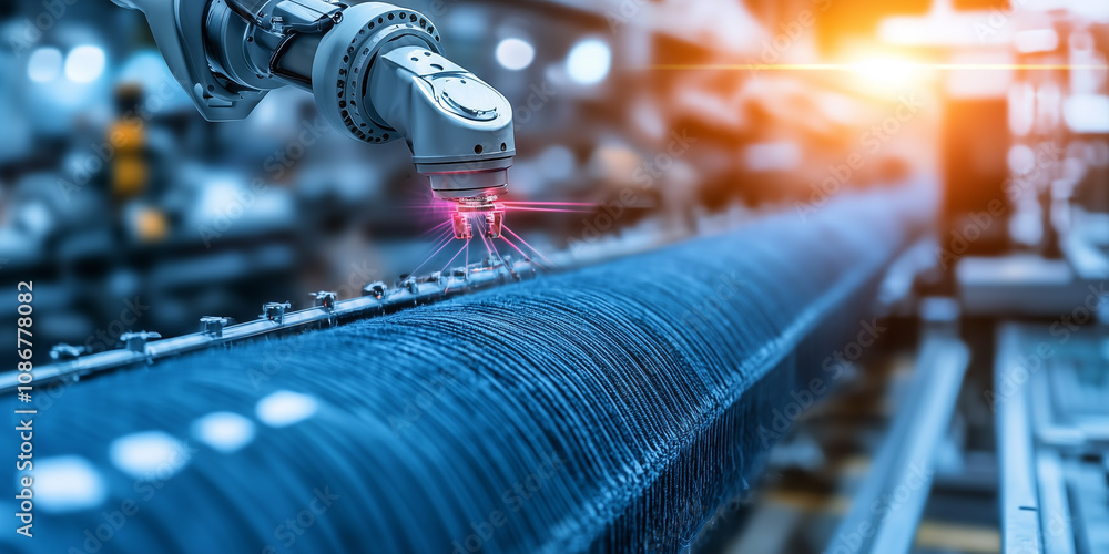 Poster robotic arm in high tech textile factory weaves fabric with precision and efficiency, showcasing advanced technology in modern manufacturing