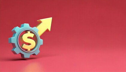 A stylized dollar sign within a gear symbol indicating growth, accompanied by an upward arrow, set against a vibrant red background.