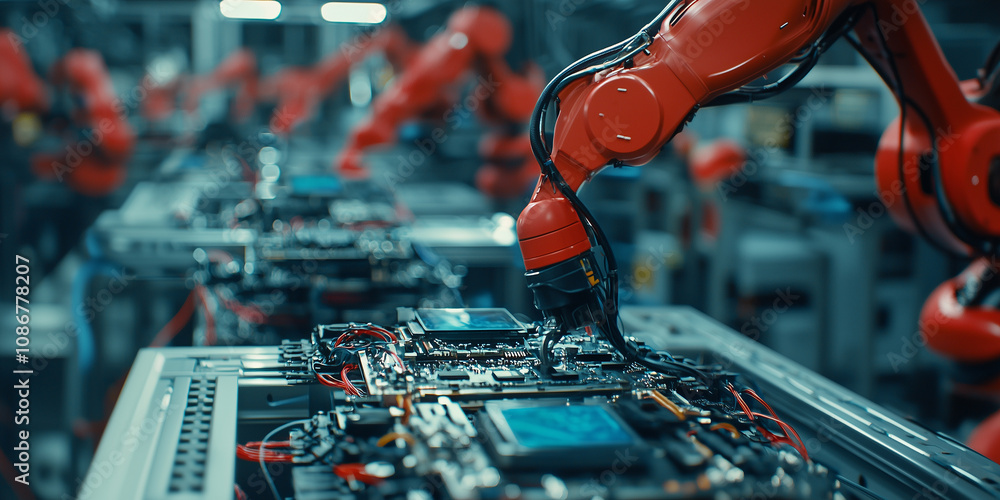 Poster robotic arm in modern factory is assembling electronics with precision and efficiency, showcasing advanced technology in manufacturing
