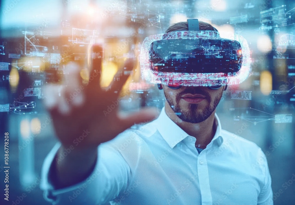 Poster male experiencing virtual reality technology using headset while interacting with digital interface 