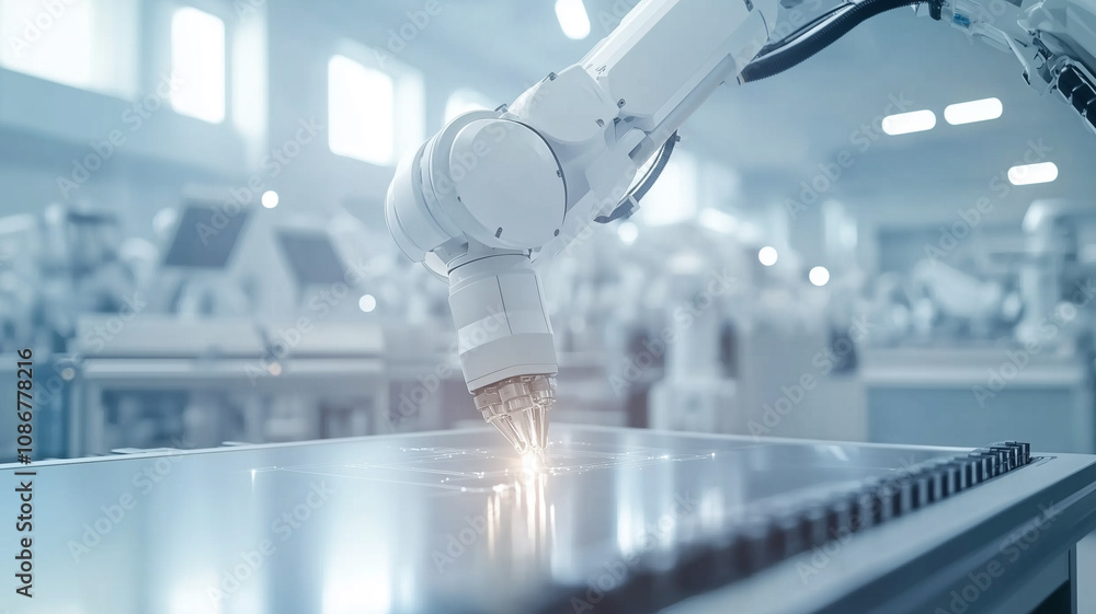 Poster robotic arm in modern factory is assembling furniture with precision and efficiency, showcasing adva