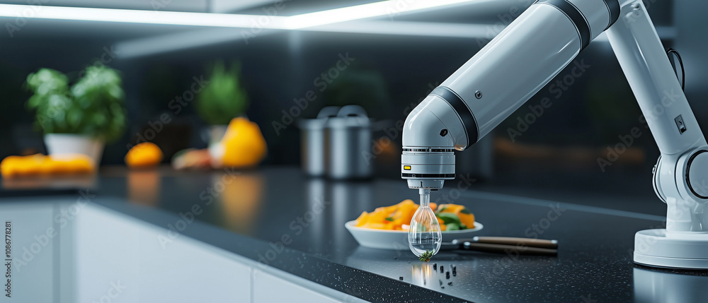 Aufkleber robotic arm in modern kitchen is preparing gourmet meal with precision, showcasing advanced technolo