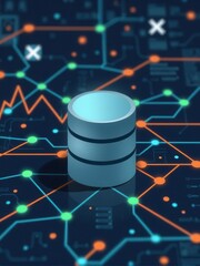 Illustrated database monitoring background with a stylized database icon, glowing data grids, and dynamic flow lines, perfect for slides.