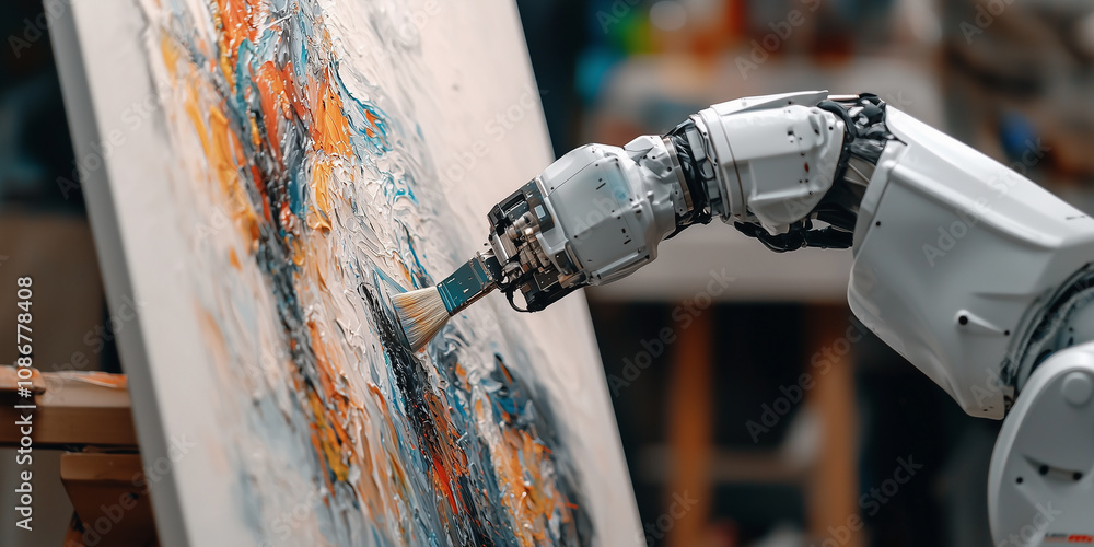 Poster robotic arm skillfully paints vibrant abstract canvas, blending technology with art in creative stud
