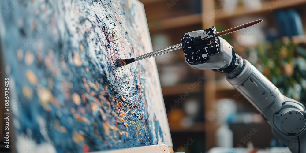 Poster robotic arm skillfully paints vibrant masterpiece on canvas, blending colors with precision and creativity in art studio setting