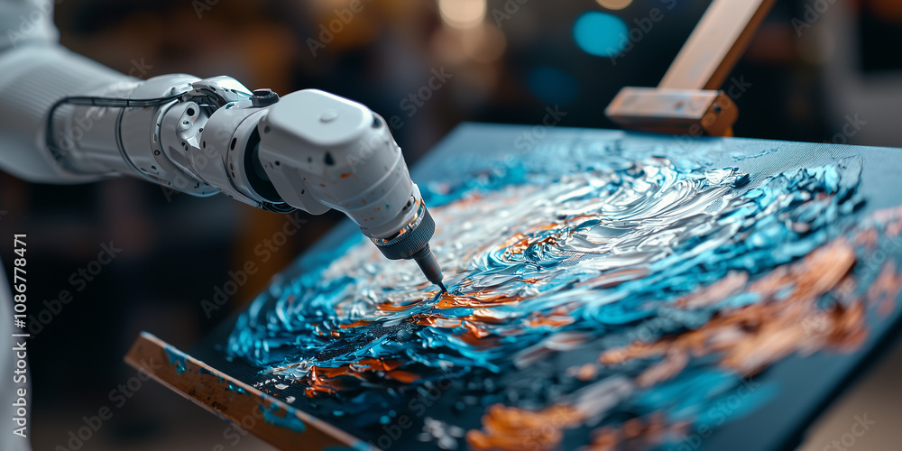 Aufkleber robotic arm skillfully paints vibrant masterpiece on canvas, blending colors with precision and crea