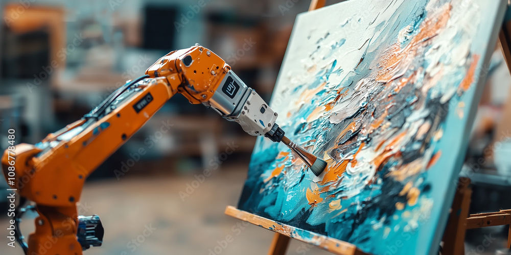 Poster robotic arm skillfully paints abstract masterpiece on canvas, blending vibrant colors with precision