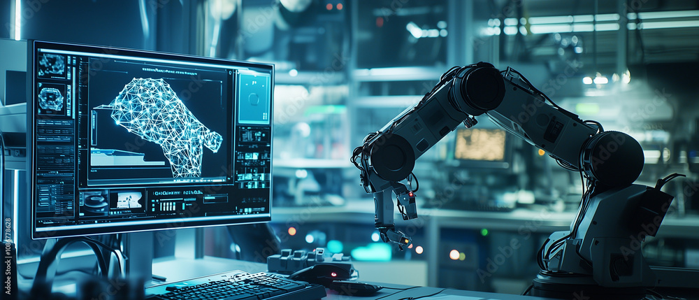 Aufkleber sleek robotic arm operates in high tech laboratory, surrounded by advanced computer screens displaying digital schematics and data, creating futuristic and innovative atmosphere
