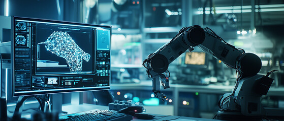 sleek robotic arm operates in high tech laboratory, surrounded by advanced computer screens displaying digital schematics and data, creating futuristic and innovative atmosphere