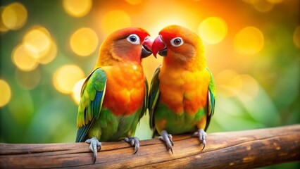 Naklejka premium Captivating Portrait Photography of Love Birds in a Natural Setting, Showcasing Their Affection and Vibrant Colors Amidst a Serene Background for Romantic Imagery