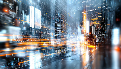Dynamic urban landscape futuristic city digital art nighttime aesthetic perspective technology concept exploration