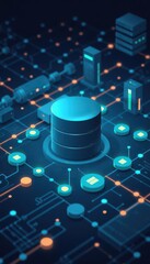 Illustrated database monitoring background with a stylized database icon, glowing data grids, and dynamic flow lines, perfect for slides.