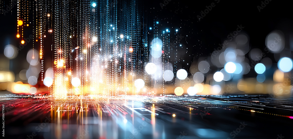 Poster digital data explosion urban nightscape abstract art high-tech environment dynamic viewpoint futuris