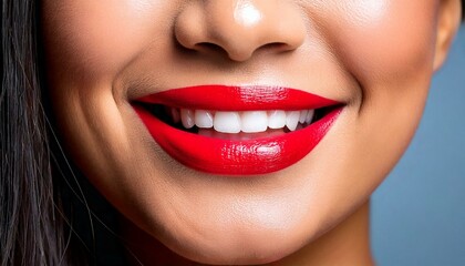 Fototapeta premium Close-up portrait of a smiling woman with flawless skin and red lipstick