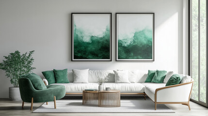 Serene Green Living Room: A minimalist living room design featuring a white sectional sofa, a plush green armchair, and two framed abstract green art prints.  The space is bathed in natural light.