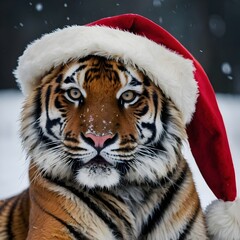 tiger in the snow with santa hat 