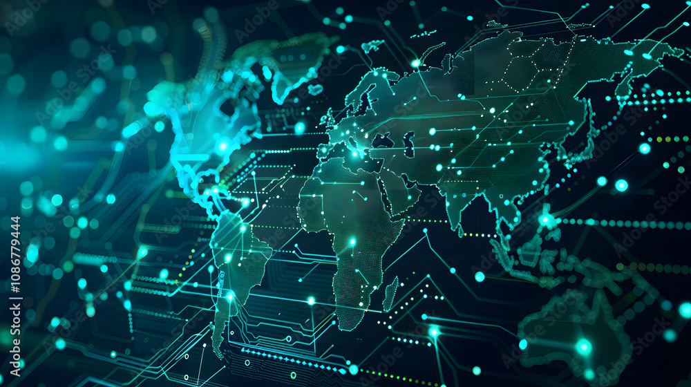 Poster tech world map, computing global network, artificial intelligence connectivity electronic circuits