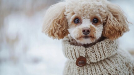 Adorable dog in cozy sweater against winter backdrop