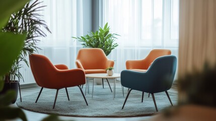 Modern office lounge with orange and blue chairs and a coffee table
