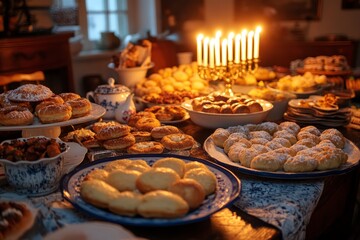 Hanukkah dining table with traditional baked goods and glowing menorah.