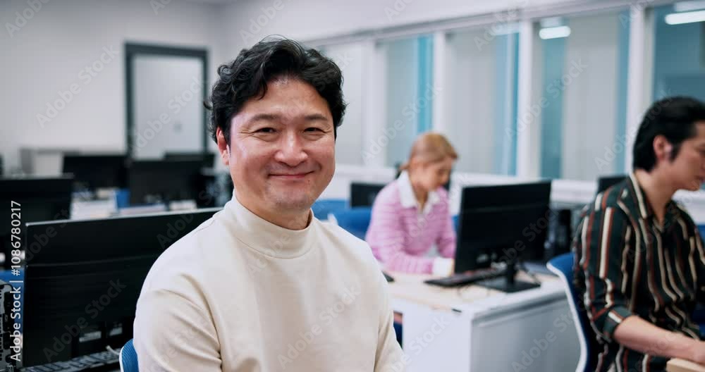 Poster computer, training and portrait of man in center for research, growth or development in office. tech