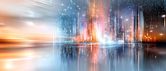 Dynamic light trails urban cityscape digital art nighttime wide angle futuristic vision of modernity