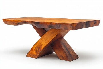 wooden lacquered table with black metal legs on white background