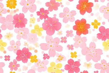 Bright, seamless cherry blossom pattern with pink and yellow flowers on a white background, conveying a spring and floral theme.