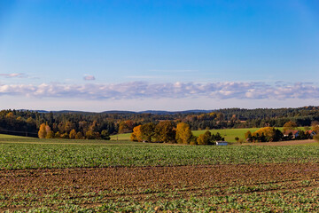 An autumn landscape with fields and forests in Central Europe.
