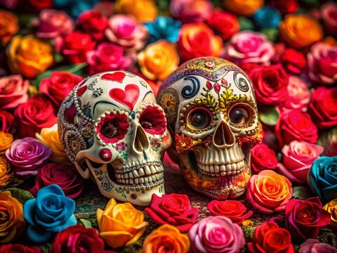 Captivating Tilt-Shift Photograph of Valentine's Day Skulls Surrounded by Roses and Hearts, Perfect for Unique Romantic Celebrations and Alternative Love Themes - Powered by Adobe