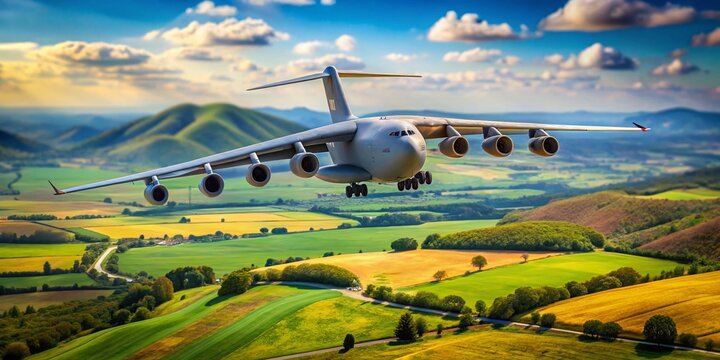 Captivating Tilt-Shift Photography of a Lockheed C-5 Galaxy in Flight Over Scenic Landscapes, Showcasing Its Massive Wingspan and Unique Design Features