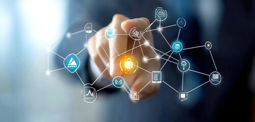 Innovative Hand Touching Digital Interface with Technology Icons Representing Security, Data, Communication, and Connectivity in Modern Business Environment
