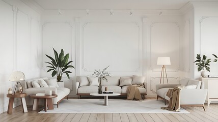 Modern Scandinavian and minimalist living room interior. White empty room. Scandinavian interior design. Home Nordic interior.