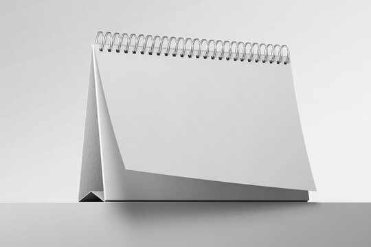 spiral ring metal a5 size empty paper horizontal landscape desk table annual calendar planner for brand realistic mockup template in standing position