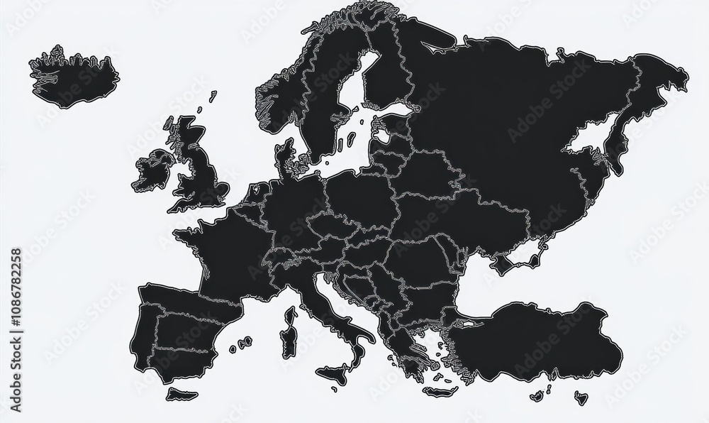 Poster detailed black outline map of europe highlighting country borders and geographical features perfect 