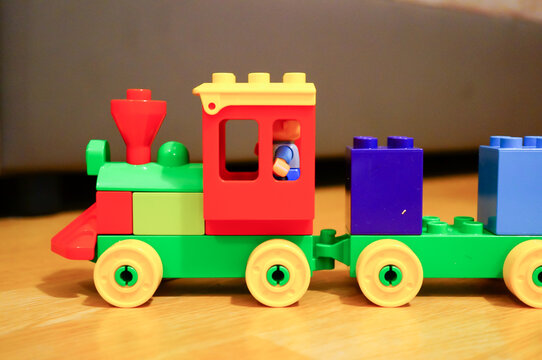 Plastic toy Lego Duplo train made of blocks in Poznan, Poland