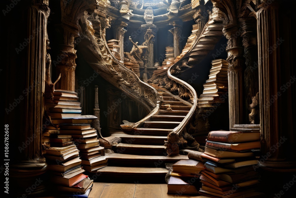 Poster knowledge a cascade of books scrolls and documents descending to