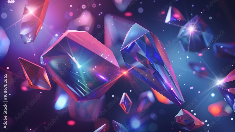 Wall mural abstract background of floating glowing crystals and gems