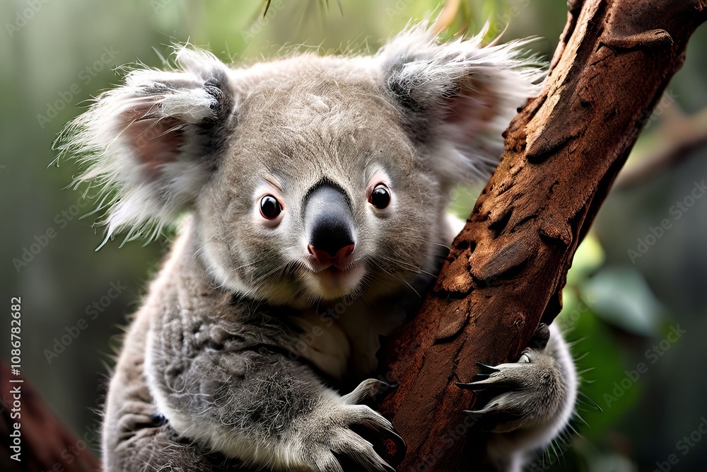 Poster koalas climb a koala climbing a tree with fur exploding into gra