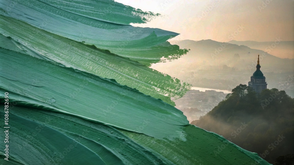 Poster abstract double exposure of light green paint texture with smooth layers and ethereal depth for arti