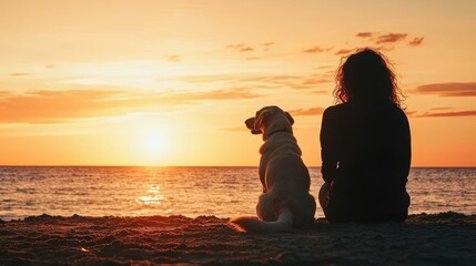 A woman and her dog sit together on the beach, enjoying a serene sunset over the ocean.