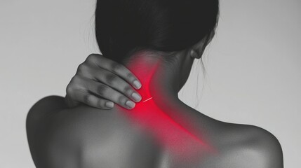 Neck area pain, woman touches the area of ​​pain. region highlighted in red