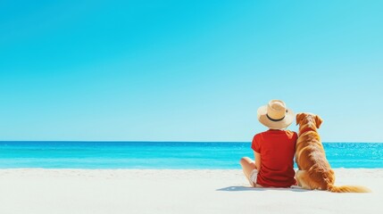 A serene beach scene featuring a person and their dog, enjoying the sun and ocean view together, evoking feelings of companionship and tranquility.