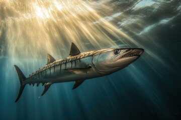 Fototapeta premium Barracuda Near Surface A sleek barracuda swims close to the water's surface