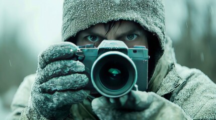 Fototapeta premium “Winter Photographer Capturing the Frozen Moment”