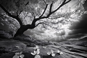 Black and White Photograph of a Cherry Blossom Tree in the Middle of a Lake