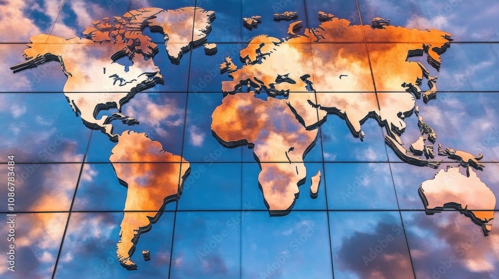 Poster abstract world map art with colorful clouds reflected on glass wall, symbolizing globalization and c