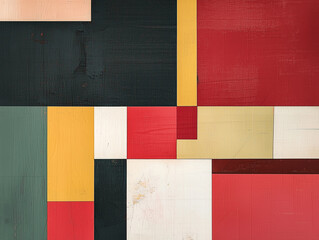 Abstract geometric painting with bold red, yellow, and green blocks.